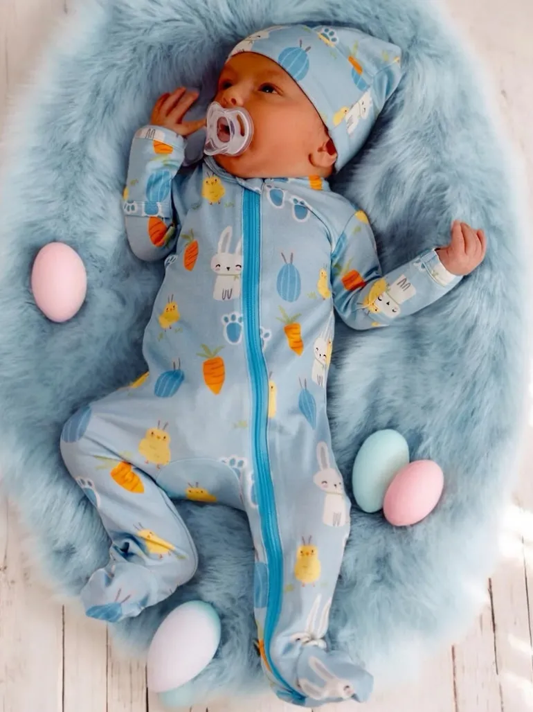 Basic 2-Way Zip Footie, Blue Easter Bunny