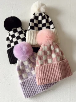 Checkerboard Fur Pom Hat, Cream