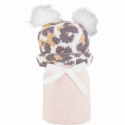 Chenille Blanket & Double Pom Leopard Hat Set, Pink