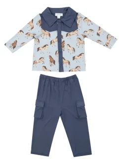 Cowboy Button Down Shirt & Pant Set, Horses