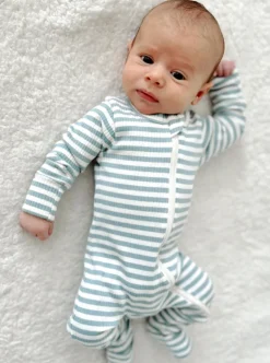 Dusty Blue Stripe / Organic Ribbed 2-Way Zip Romper