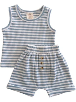 Dusty Blue Stripe / Organic Ribbed Tank & Short Set