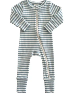 Dusty Blue Stripe / Organic Ribbed 2-Way Zip Romper