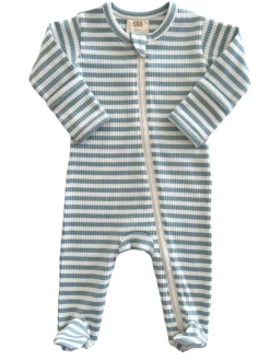 Dusty Blue Stripe / Organic Ribbed Zip Footie