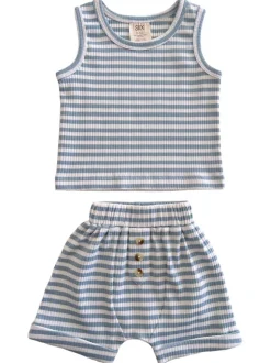 Dusty Blue Stripe / Organic Ribbed Tank & Short Set