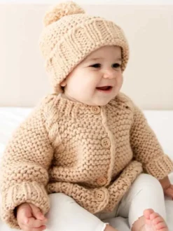 Garter Stitch Cardigan Sweater, Latte