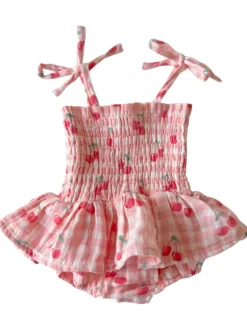Gingham Cherries / Muslin Smocked Bubble w/ Skirt