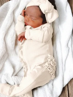 Ivory / Organic Ribbed Frill Zip Footie