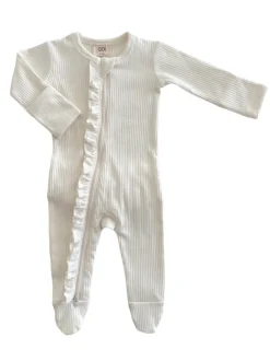 Ivory / Organic Ribbed Frill Zip Footie
