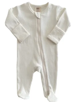 Ivory / Organic Ribbed Zip Footie