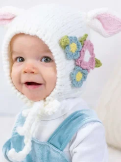 Knit Bunny Bonnet, White Flowers