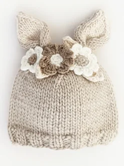 Knit Bunny Hat, Oatmeal Flowers