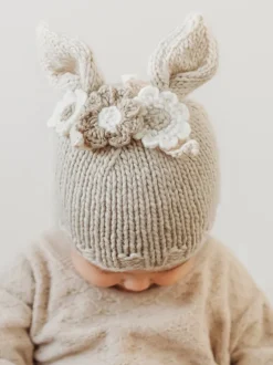 Knit Bunny Hat, Oatmeal Flowers