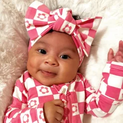 Knot Bow, Pink Flower Checkerboard