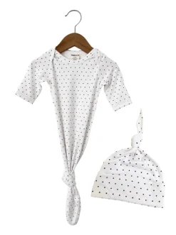 Knotted Gown & Hat Set, Navy Polka Dot