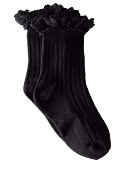 Lace Trim Ribbed Socks, Black