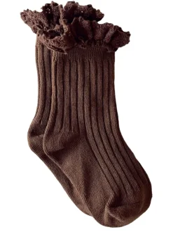 Lace Trim Ribbed Socks, Brown
