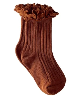 Lace Trim Ribbed Socks, Cinnamon