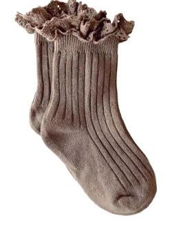 Lace Trim Ribbed Socks, Clay