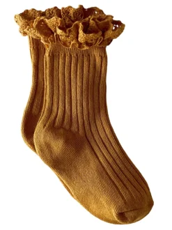 Lace Trim Ribbed Socks, Ochre