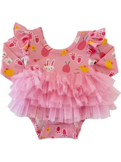 Long Sleeve Tutu Bodysuit, Pink Easter Bunny