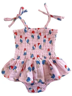Muslin Smocked Bubble w/ Skirt, Pink Red, White & Blue Popsicle
