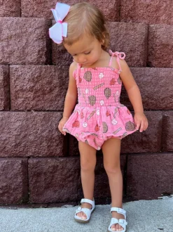 Muslin Smocked Bubble w/ Skirt, Baseball Pink