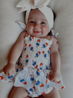 Muslin Smocked Bubble w/ Skirt, Red, White & Blue Popsicle