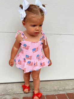 Muslin Smocked Bubble w/ Skirt, American Flag Pink