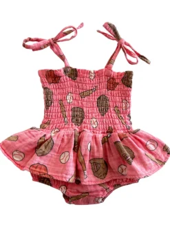 Muslin Smocked Bubble w/ Skirt, Baseball Pink