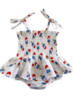 Muslin Smocked Bubble w/ Skirt, Red, White & Blue Popsicle