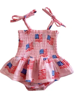 Muslin Smocked Bubble w/ Skirt, American Flag Pink