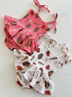 Muslin Smocked Bubble w/ Skirt, Baseball Pink