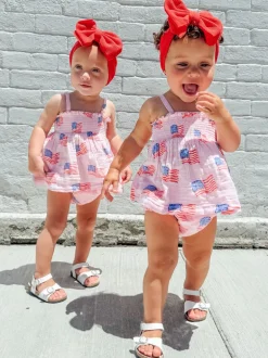 Muslin Smocked Top & Bloomer, American Flag Pink