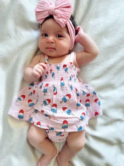 Muslin Smocked Top & Bloomer, Pink Red, White & Blue Popsicle