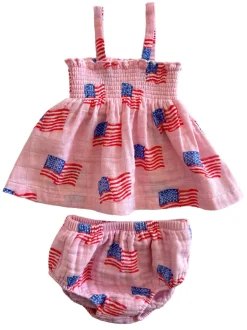 Muslin Smocked Top & Bloomer, American Flag Pink
