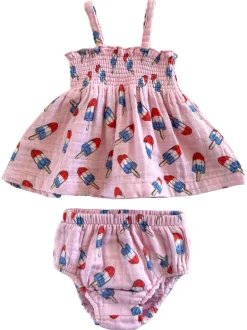 Muslin Smocked Top & Bloomer, Pink Red, White & Blue Popsicle
