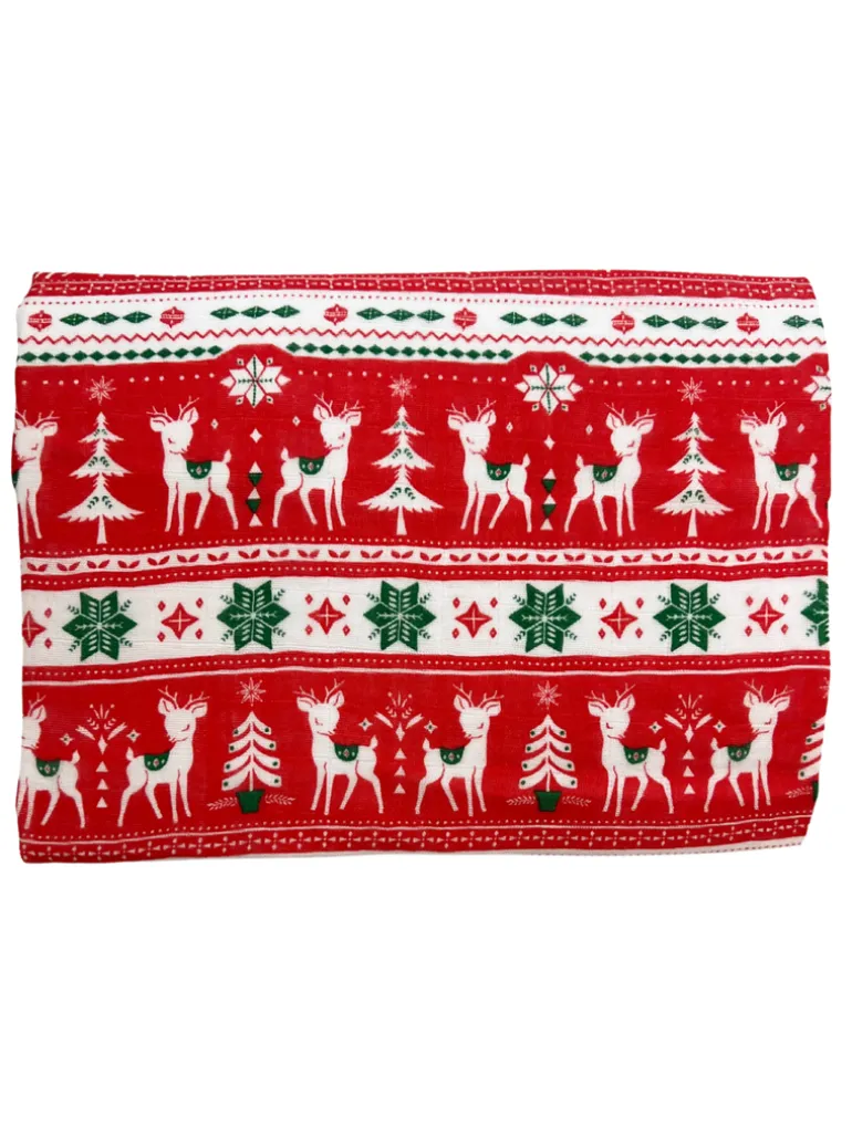 Muslin Swaddle, Red Vintage Deer Fair Isle