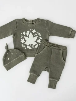 Organic Cozy Graphic Sweatshirt & Jogger Set, Hunter Leaves