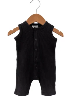 Organic Waffle Easy Romper, Black