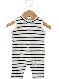 Organic Waffle Easy Romper, Black Stripe