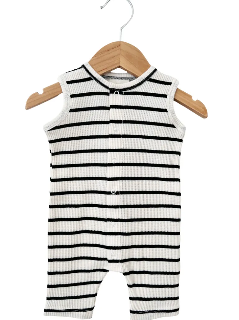 Organic Waffle Easy Romper, Black Stripe