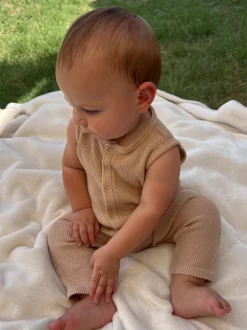 Organic Waffle Easy Romper, Tan