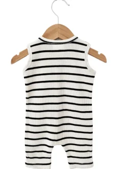 Organic Waffle Easy Romper, Black Stripe
