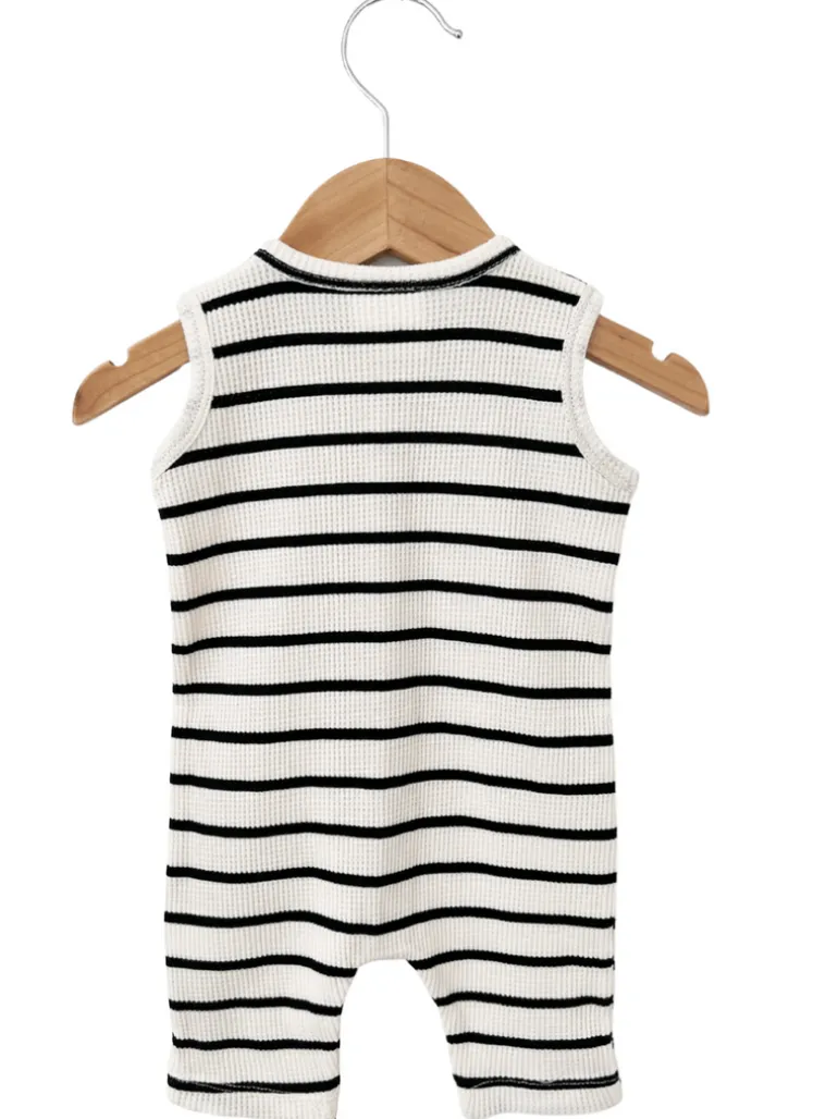 Organic Waffle Easy Romper, Black Stripe