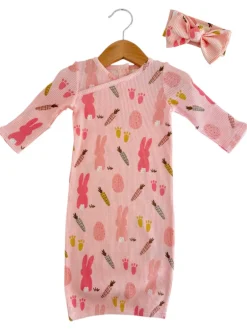 Organic Waffle Gown & Bow Set, Cottontail Pink