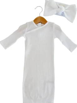 Organic Waffle Gown & Bow Set, Lucent White