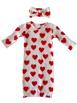 Organic Waffle Gown & Bow Set, Red Heart