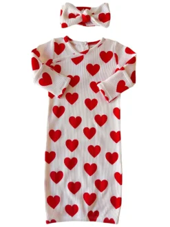 Organic Waffle Gown & Bow Set, Red Heart