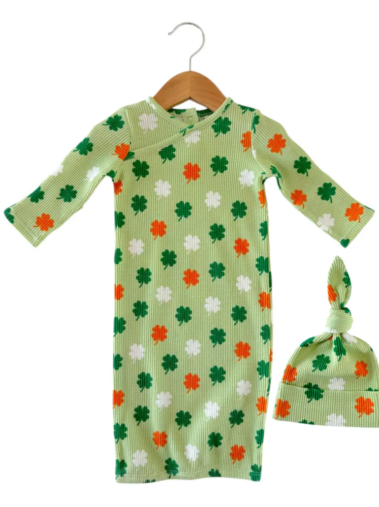 Organic Waffle Gown & Hat Set, Green Clover